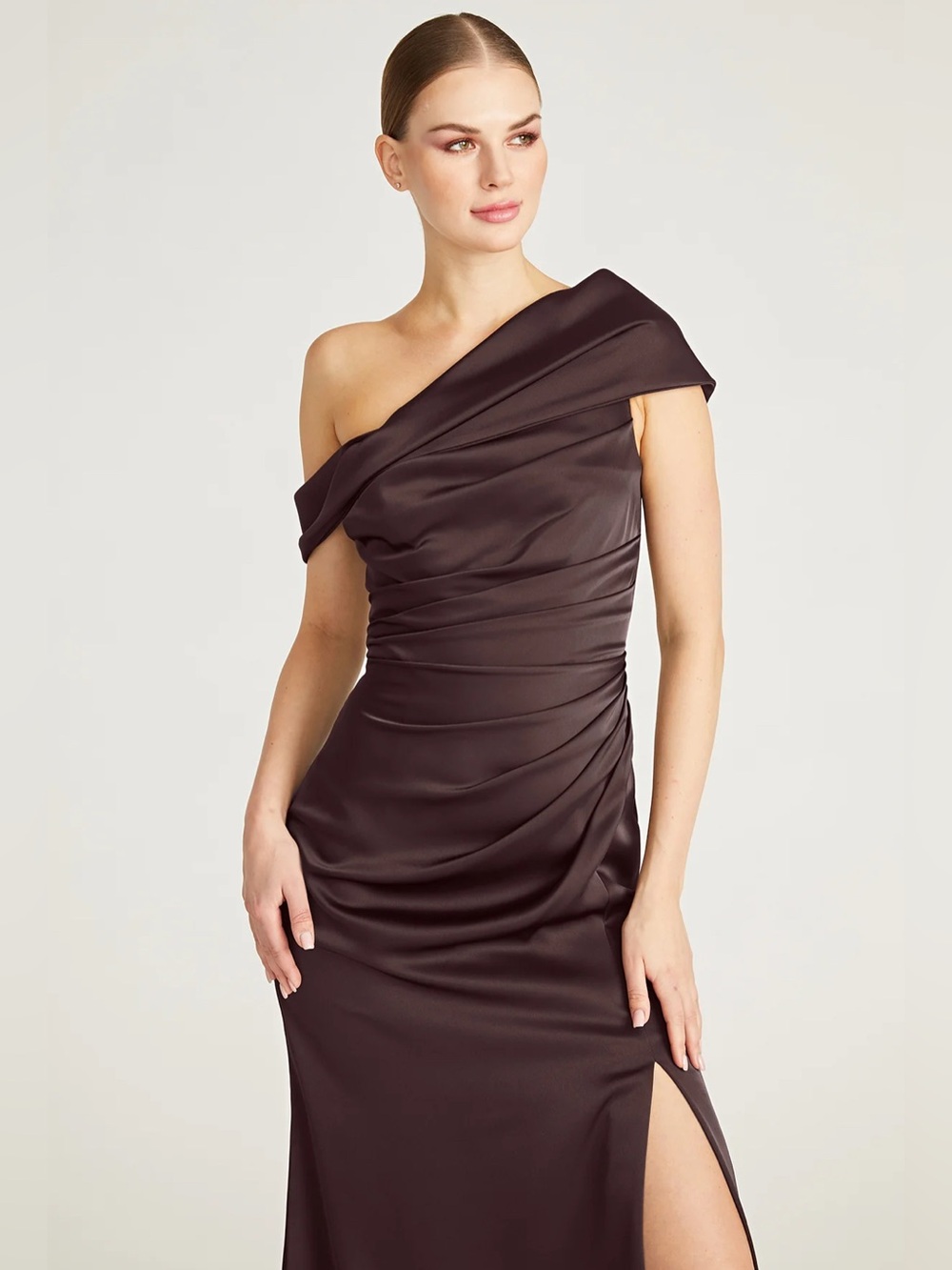 THEIA Celia One Shoulder Draped Gown in Chocolate Brown - Picture 4 of 10